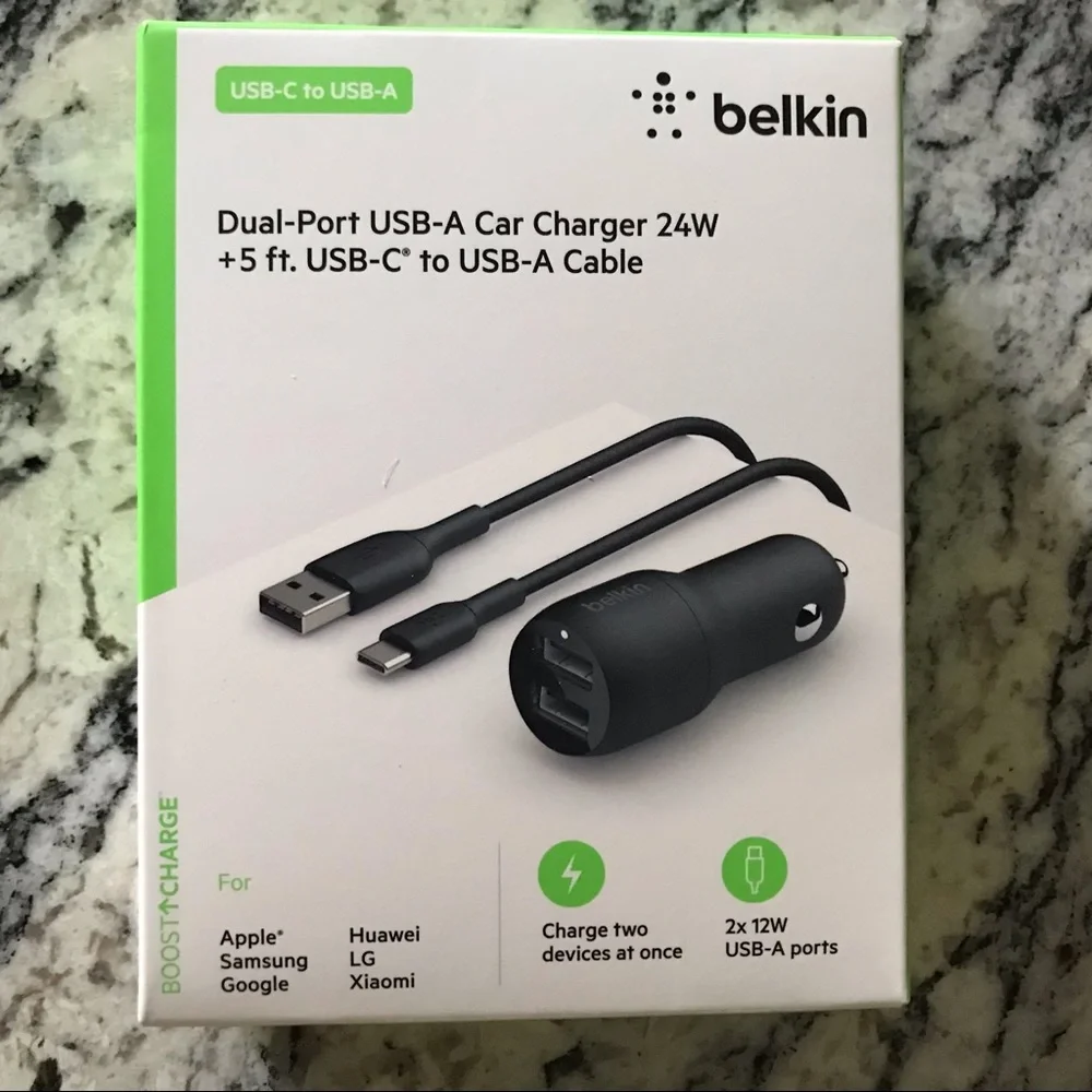 belkin Dual-Port USB-A Car Charger 24w+5ft cord